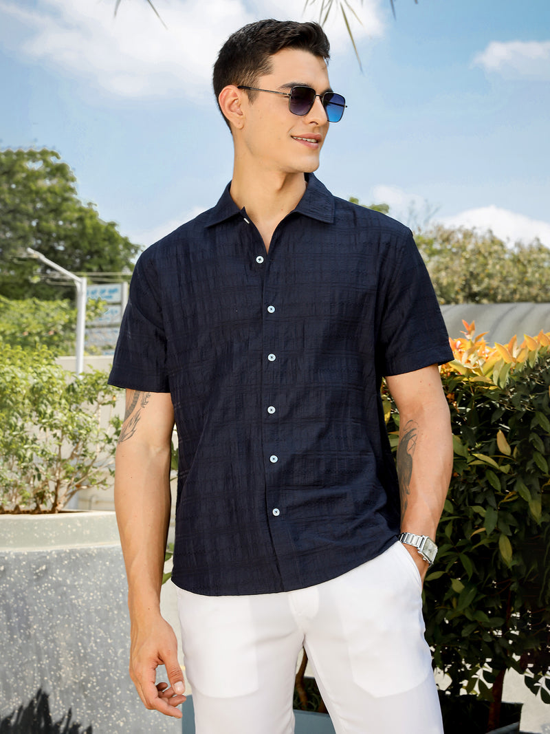Thomas Scott Men Navy Slim Fit Short Sleeves Horizontal Stripes Casual Shirt