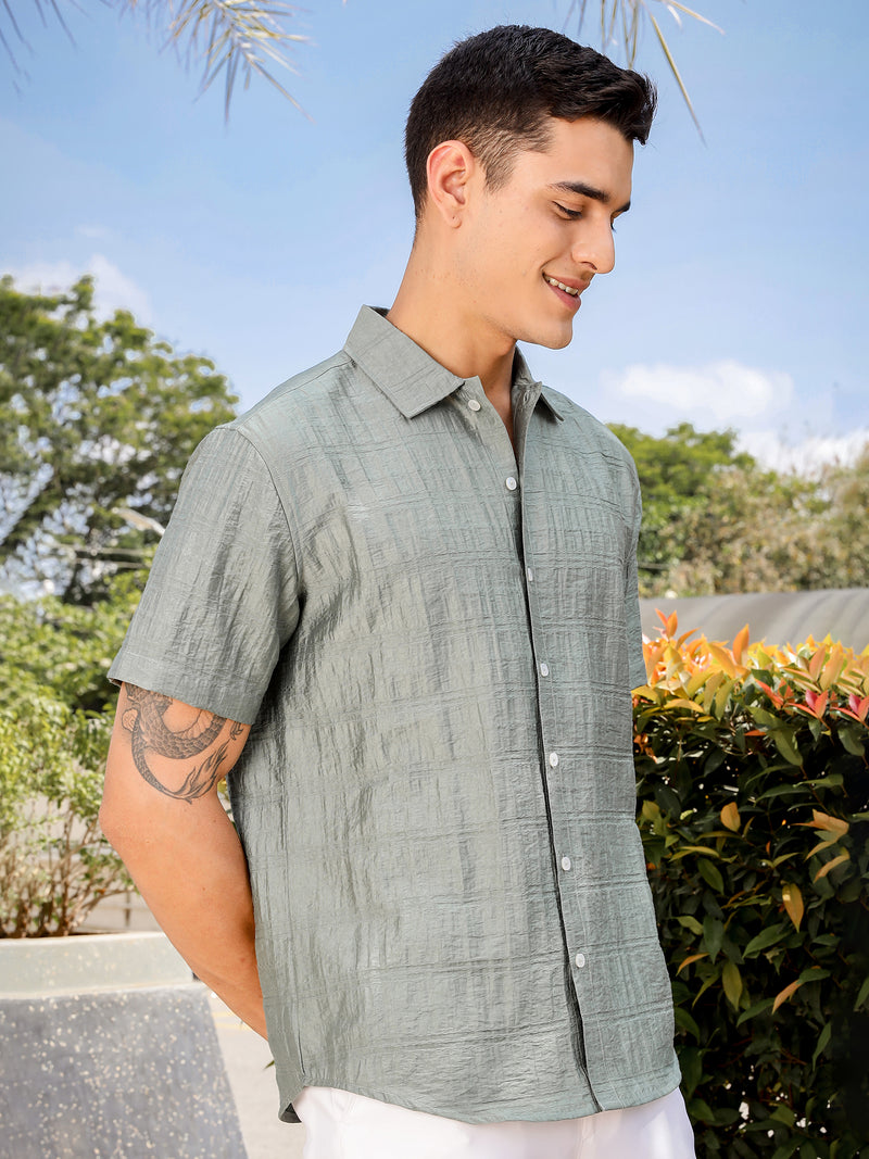 Thomas Scott Men Green Slim Fit Short Sleeves Horizontal Stripes Casual Shirt