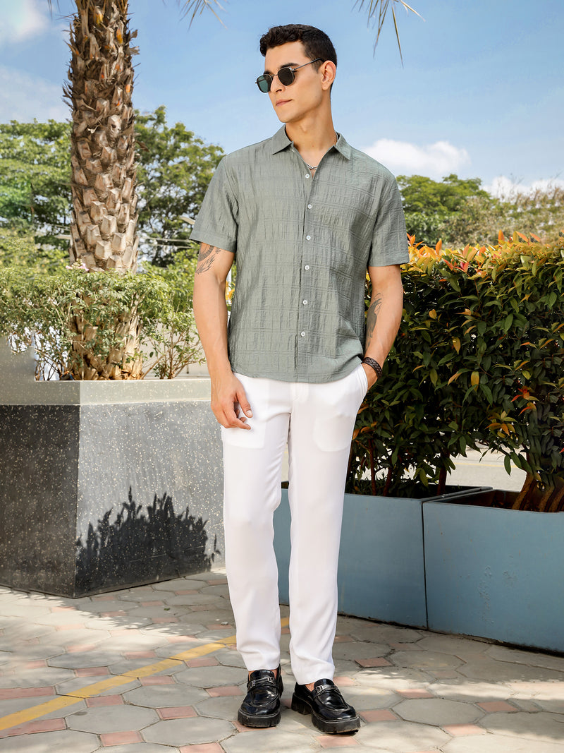 Thomas Scott Men Green Slim Fit Short Sleeves Horizontal Stripes Casual Shirt