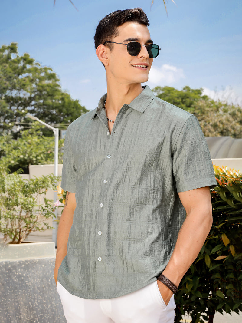 Thomas Scott Men Green Slim Fit Short Sleeves Horizontal Stripes Casual Shirt