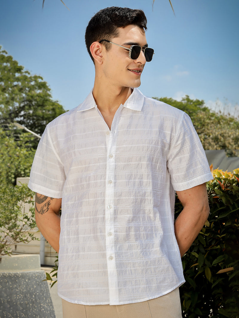Thomas Scott Men White Slim Fit Short Sleeves Horizontal Stripes Casual Shirt