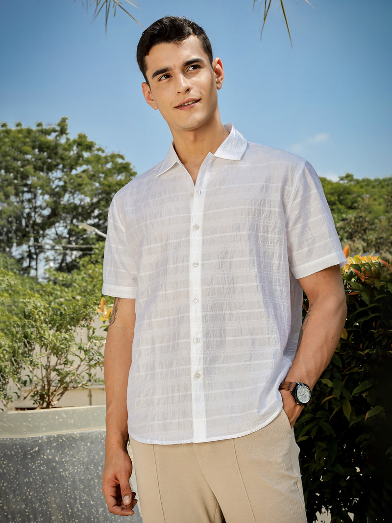 Thomas Scott Men White Slim Fit Short Sleeves Horizontal Stripes Casual Shirt