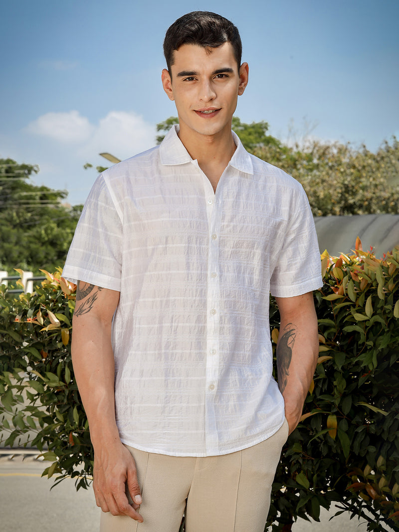 Thomas Scott Men White Slim Fit Short Sleeves Horizontal Stripes Casual Shirt