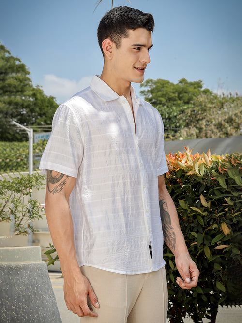 Thomas Scott Men White Slim Fit Short Sleeves Horizontal Stripes Casual Shirt
