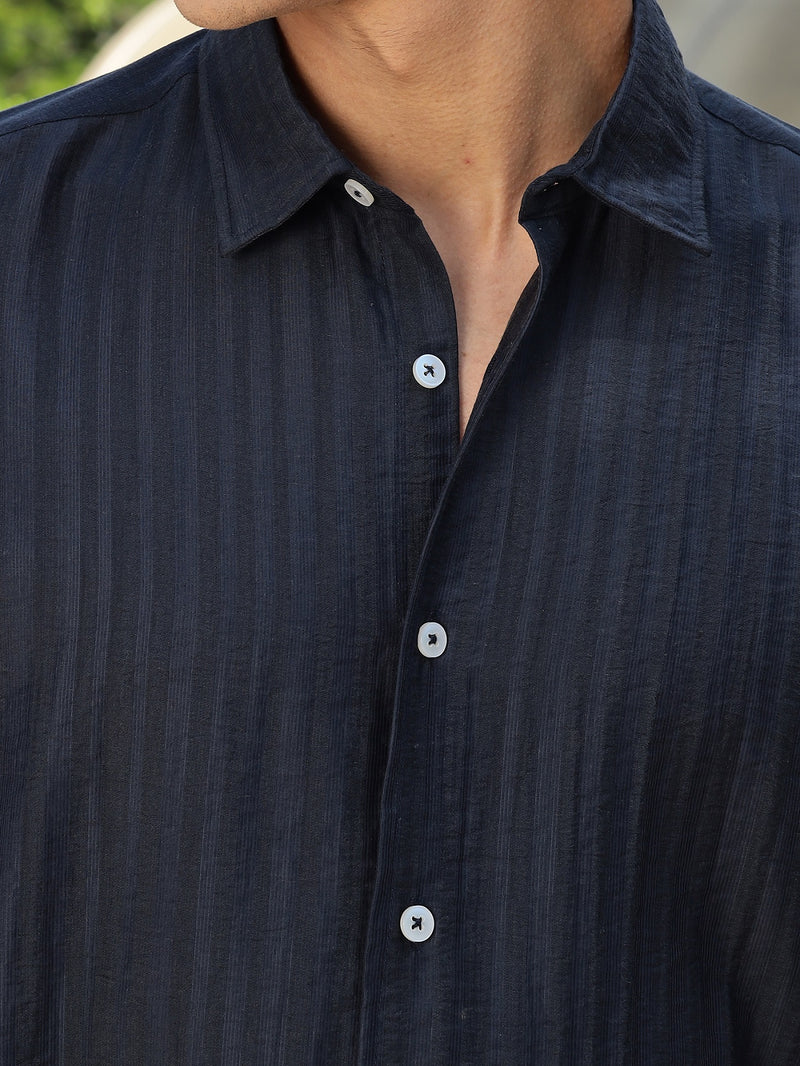 Thomas Scott Men Navy Slim Fit Short Sleeves Vertical Stripes Casual Shirt