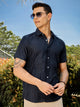 Thomas Scott Men Navy Slim Fit Short Sleeves Vertical Stripes Casual Shirt