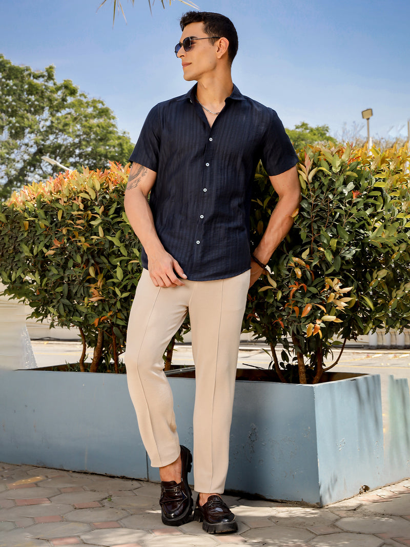 Thomas Scott Men Navy Slim Fit Short Sleeves Vertical Stripes Casual Shirt