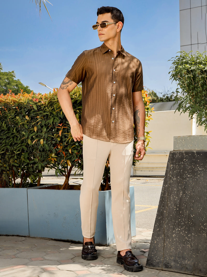 Thomas Scott Men Brown Slim Fit Short Sleeves Vertical Stripes Casual Shirt