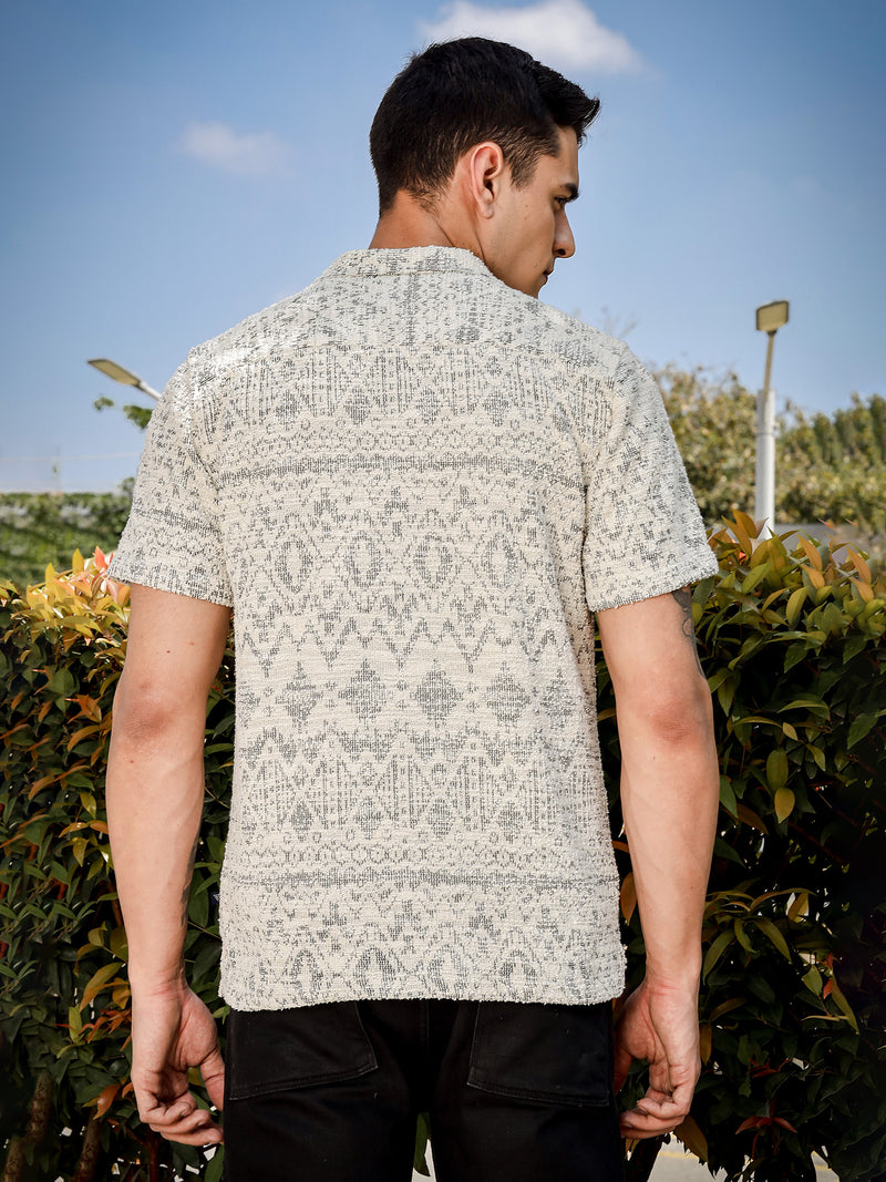 Thomas Scott Men Grey Regular Fit Short Sleeves Cuban Collar Knitted Casual Shirt
