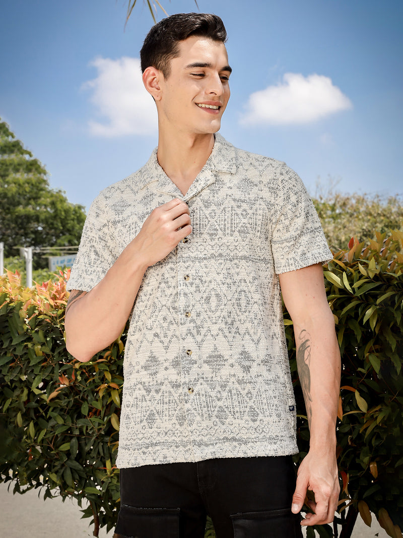 Thomas Scott Men Grey Regular Fit Short Sleeves Cuban Collar Knitted Casual Shirt