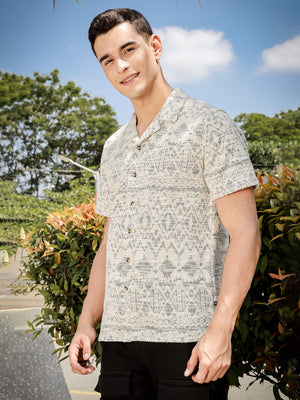 Thomas Scott Men Grey Regular Fit Short Sleeves Cuban Collar Knitted Casual Shirt