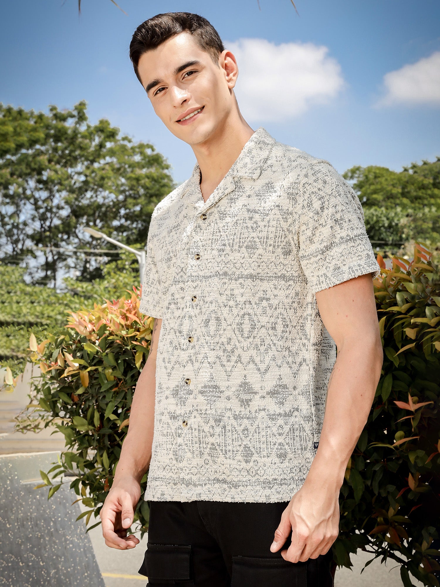 Thomas Scott Men Grey Regular Fit Short Sleeves Cuban Collar Knitted Casual Shirt