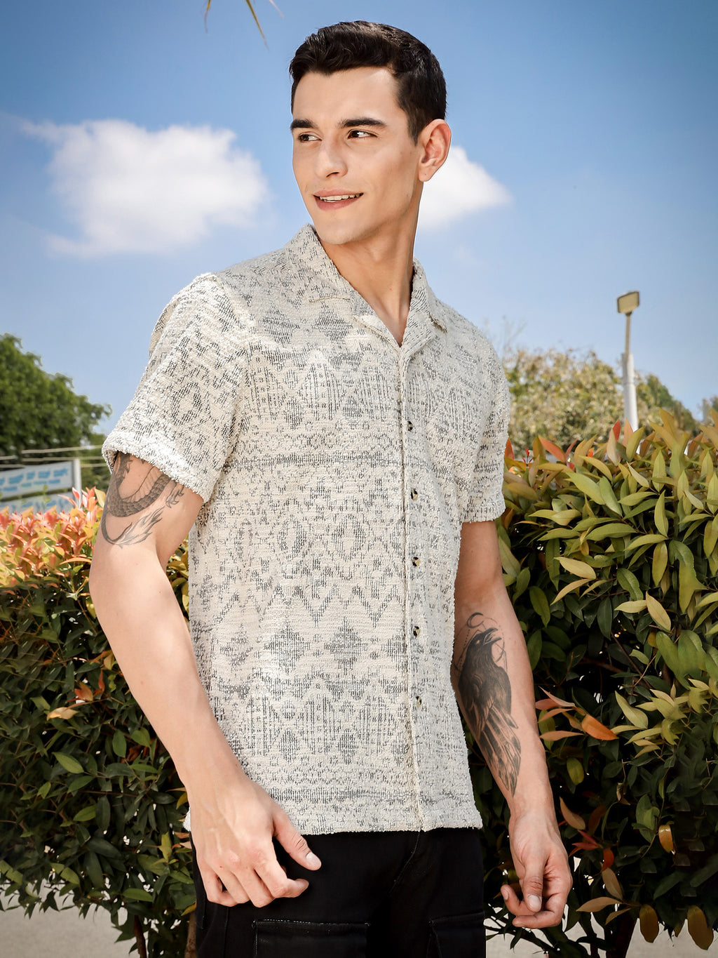 Thomas Scott Men Grey Regular Fit Short Sleeves Cuban Collar Knitted Casual Shirt