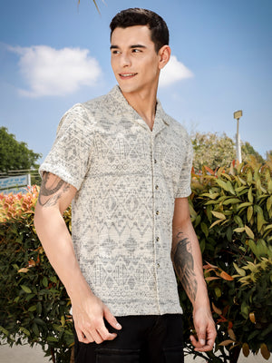 Thomas Scott Men Grey Regular Fit Short Sleeves Cuban Collar Knitted Casual Shirt