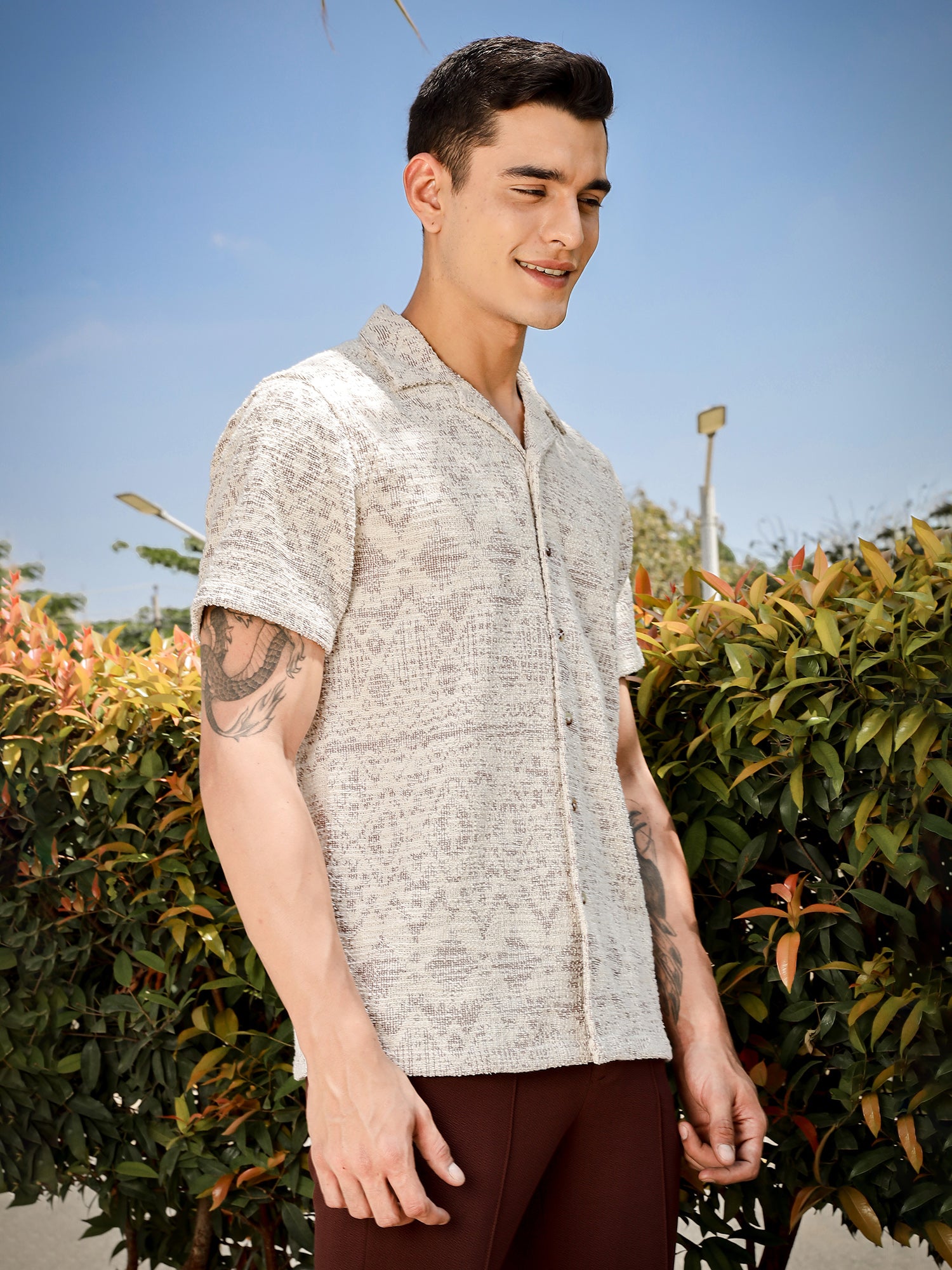 Thomas Scott Men Maroon Regular Fit Short Sleeves Cuban Collar Knitted Casual Shirt