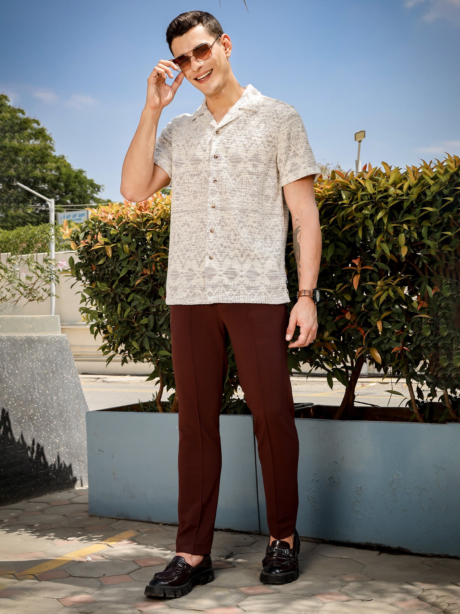 Thomas Scott Men Maroon Regular Fit Short Sleeves Cuban Collar Knitted Casual Shirt