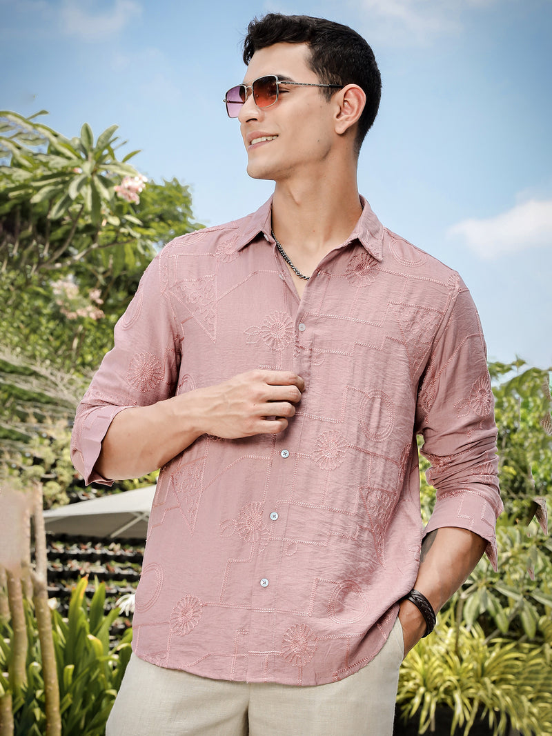 Thomas Scott Men Pink Regular Fit Long Sleeves Cutaway Collar Embroidered Shirt