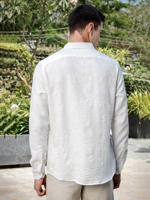 White Slim Fit Long Sleeve Geometric Print Casual Shirt For Men