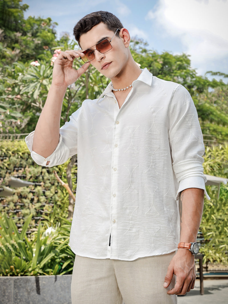 Thomas Scott Men White Slim Fit Long Sleeve Geometric Print Casual Shirt