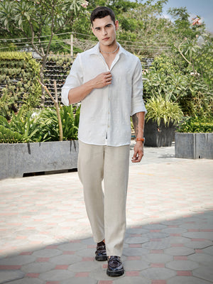White Slim Fit Long Sleeve Geometric Print Casual Shirt For Men