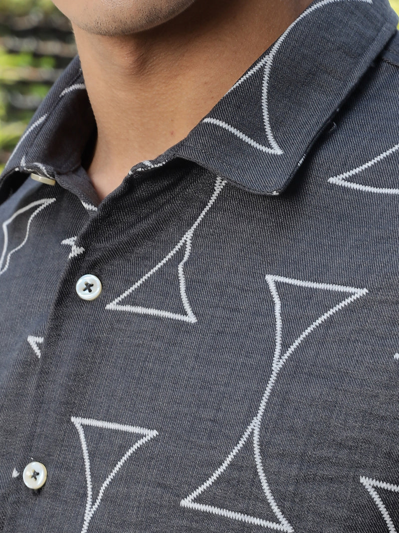 Thomas Scott Men Charcoal Slim Fit Long Sleeve Geometric Print Casual Shirt