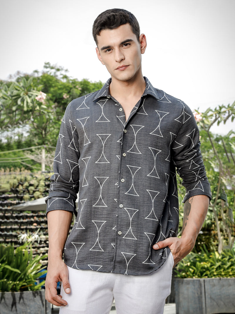 Thomas Scott Men Charcoal Slim Fit Long Sleeve Geometric Print Casual Shirt