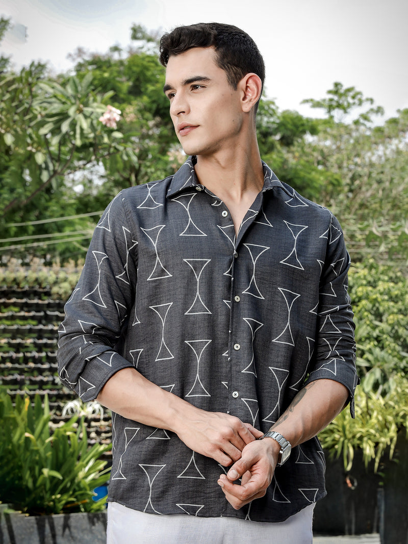 Thomas Scott Men Charcoal Slim Fit Long Sleeve Geometric Print Casual Shirt