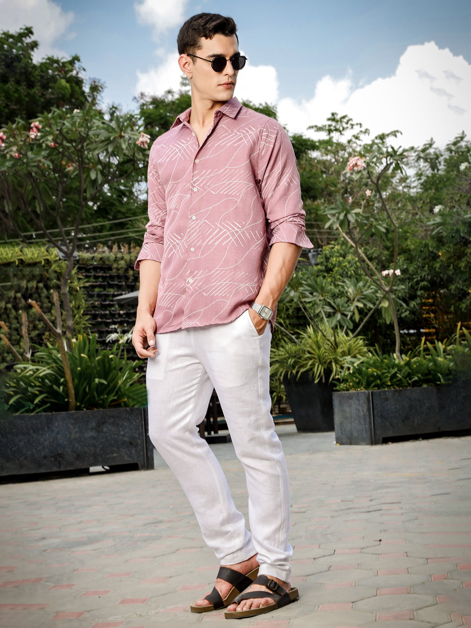 Thomas Scott Men Pink Slim Fit Long Sleeve Abstract Print Casual Shirt