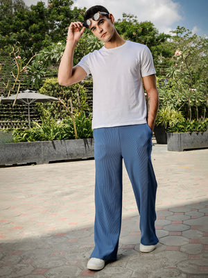 Thomas Scott Men MidBlue Mid-Rise Loose Fit Solid Knitted Parallel Trousers
