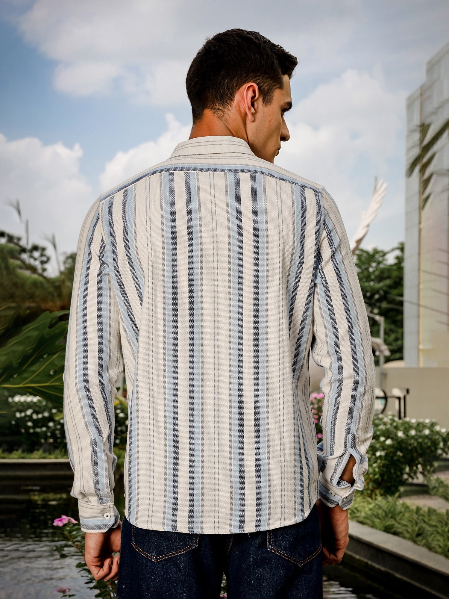 Thomas Scott Men White Slim Fit Long Sleeve Multi Stripes Cotton Casual Shirt
