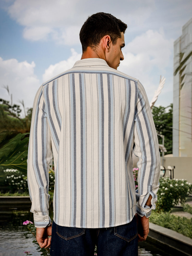 Thomas Scott Men White Slim Fit Long Sleeve Multi Stripes Cotton Casual Shirt