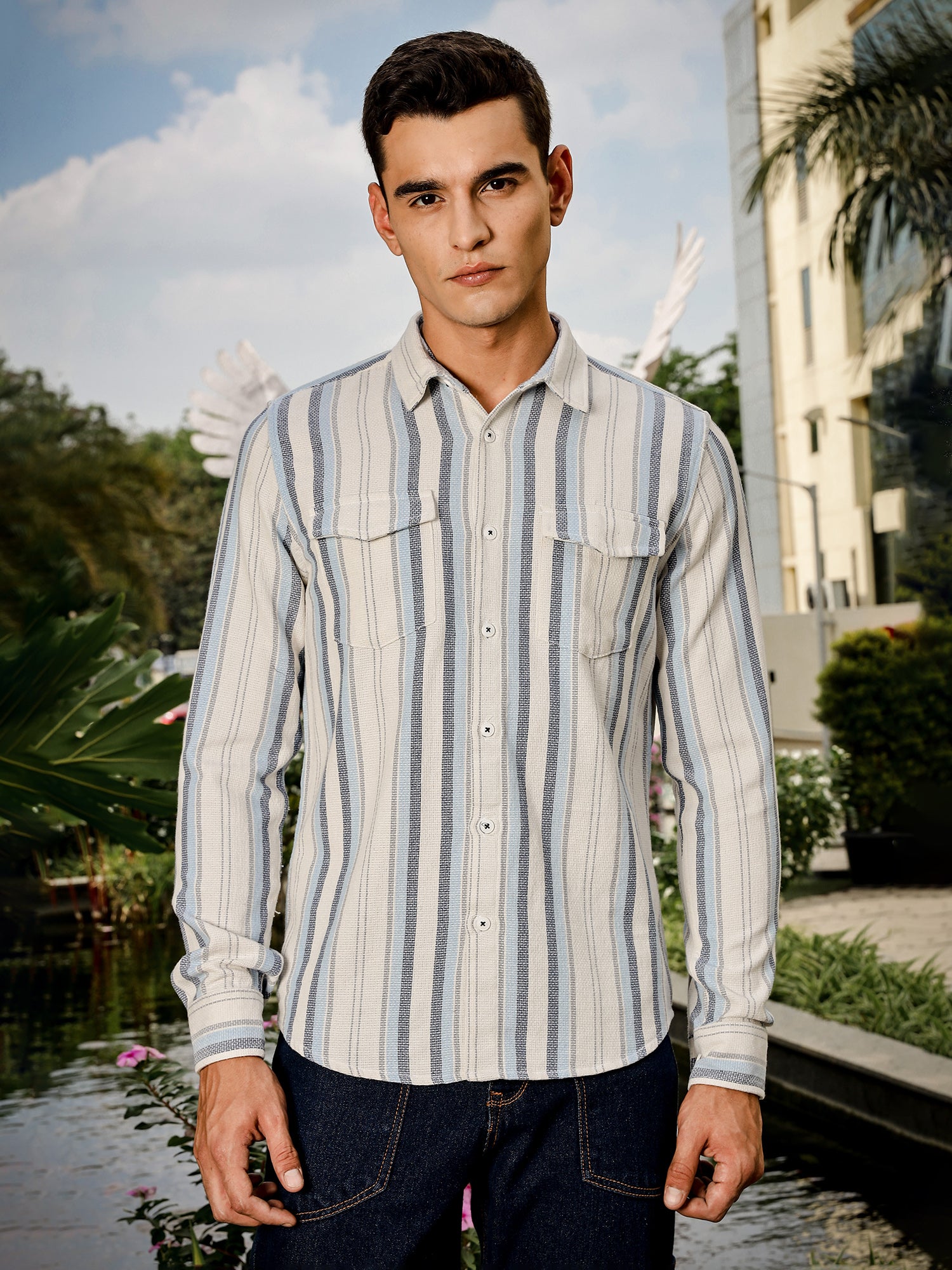 Thomas Scott Men White Slim Fit Long Sleeve Multi Stripes Cotton Casual Shirt