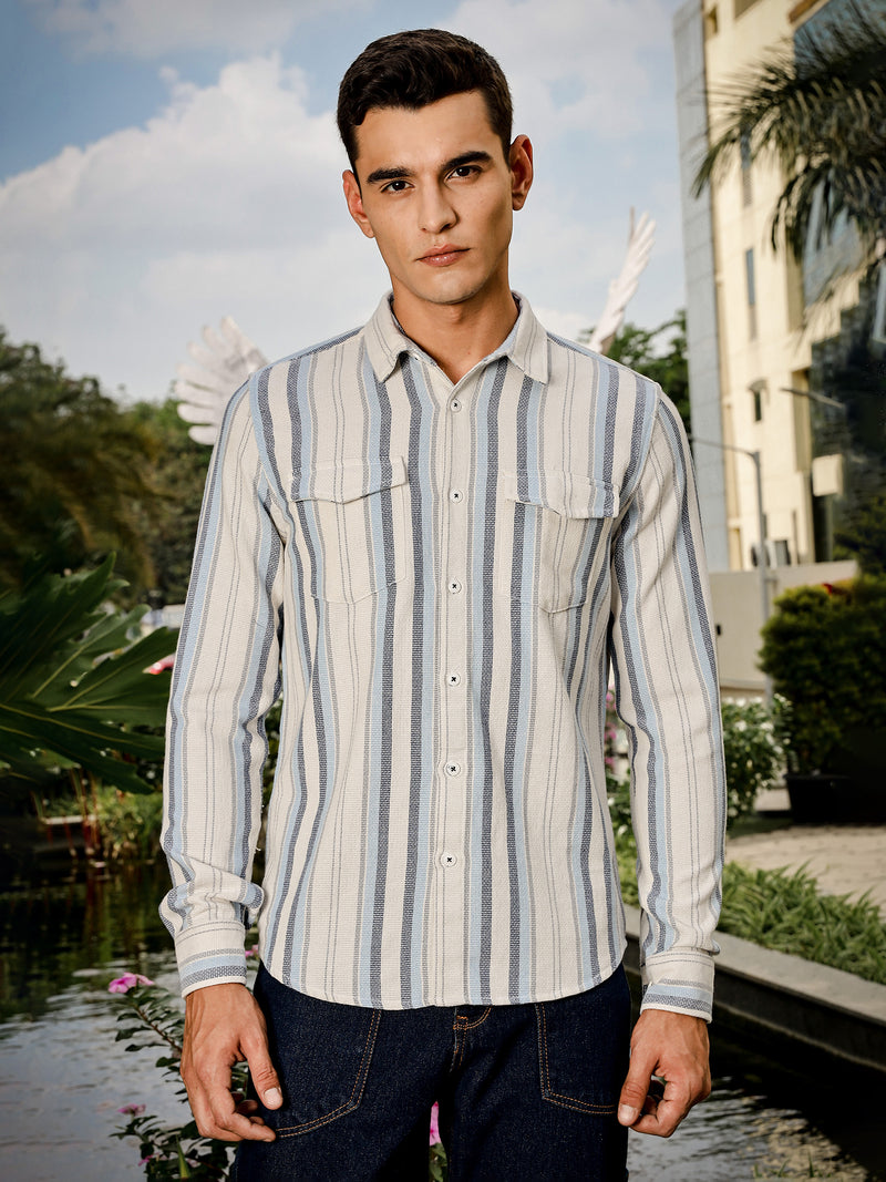 Thomas Scott Men White Slim Fit Long Sleeve Multi Stripes Cotton Casual Shirt