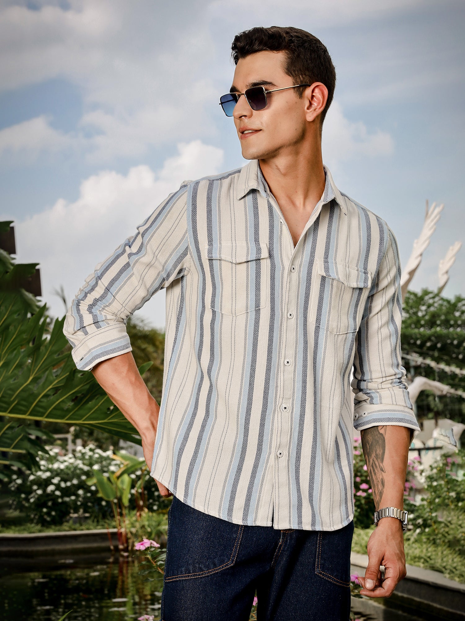 Thomas Scott Men White Slim Fit Long Sleeve Multi Stripes Cotton Casual Shirt