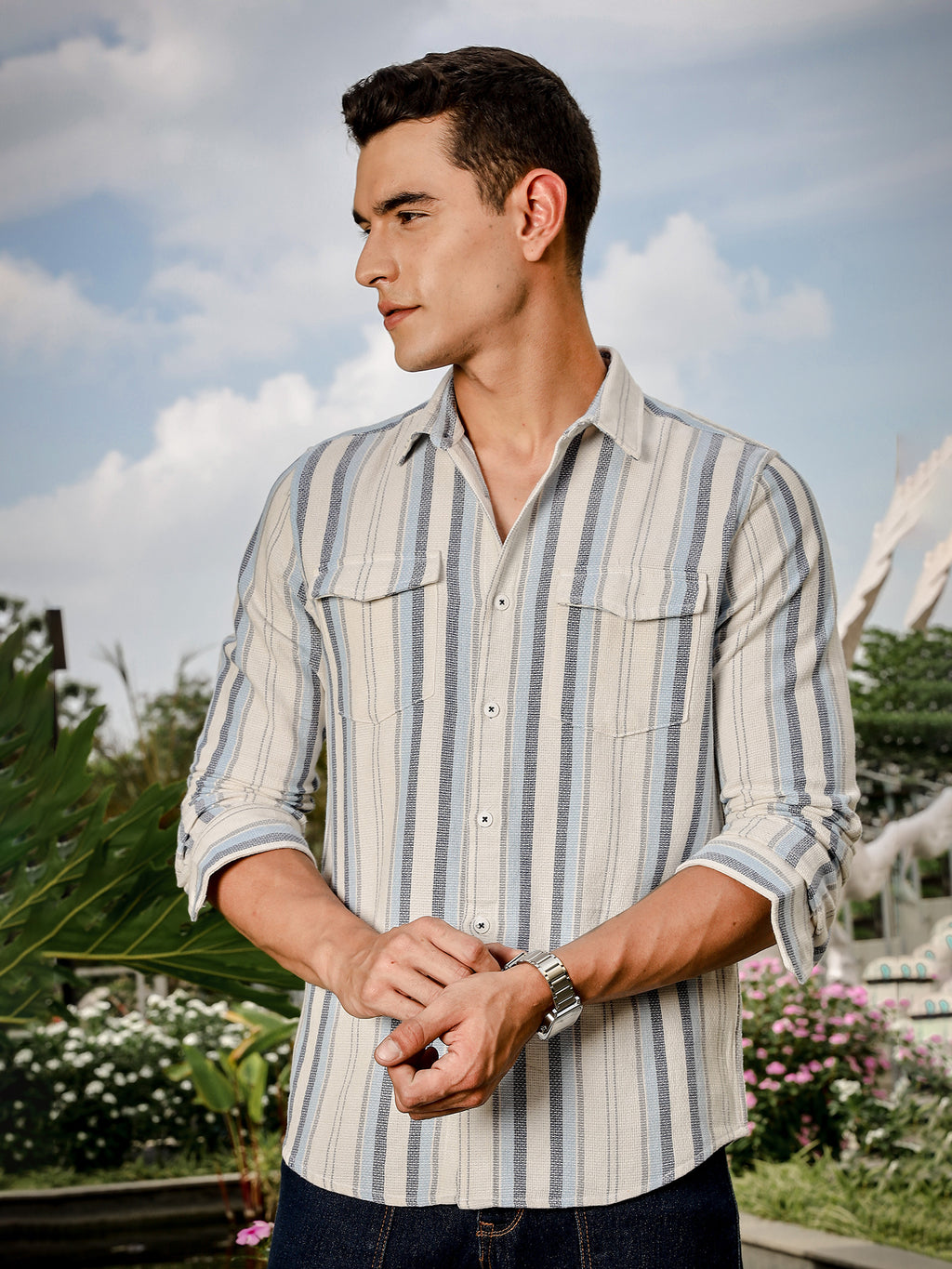 Thomas Scott Men White Slim Fit Long Sleeve Multi Stripes Cotton Casual Shirt