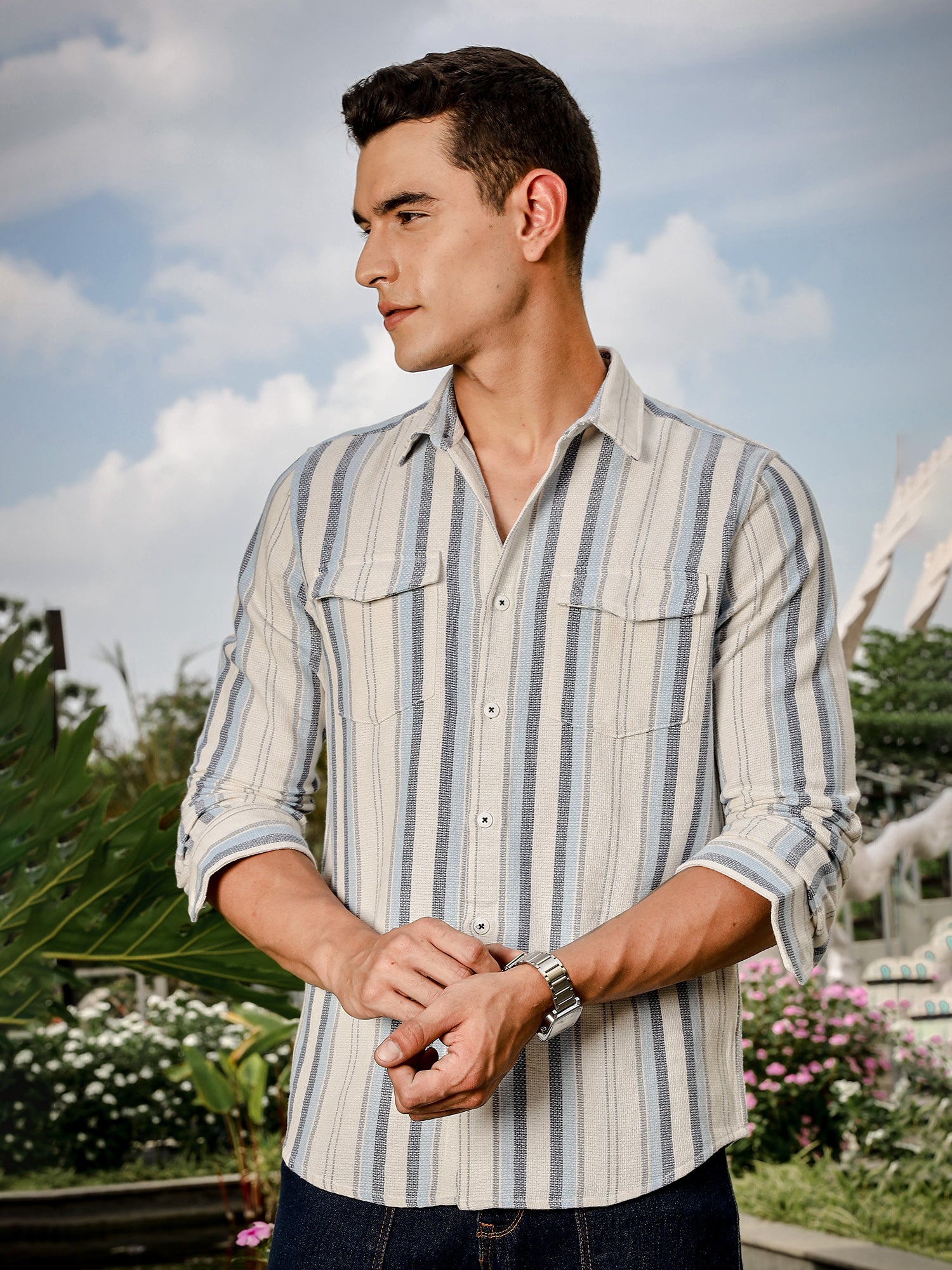 Thomas Scott Men White Slim Fit Long Sleeve Multi Stripes Cotton Casual Shirt