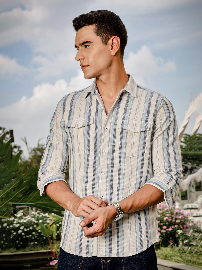 Thomas Scott Men White Slim Fit Long Sleeve Multi Stripes Cotton Casual Shirt