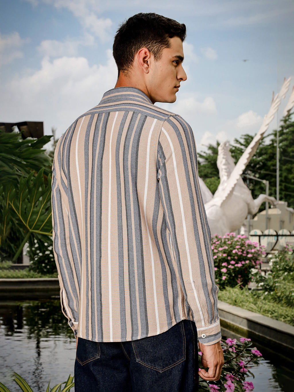 Thomas Scott Men Beige Slim Fit Long Sleeve Multi Stripes Cotton Casual Shirt