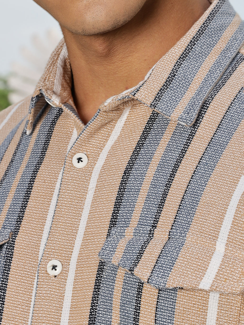 Thomas Scott Men Beige Slim Fit Long Sleeve Multi Stripes Cotton Casual Shirt
