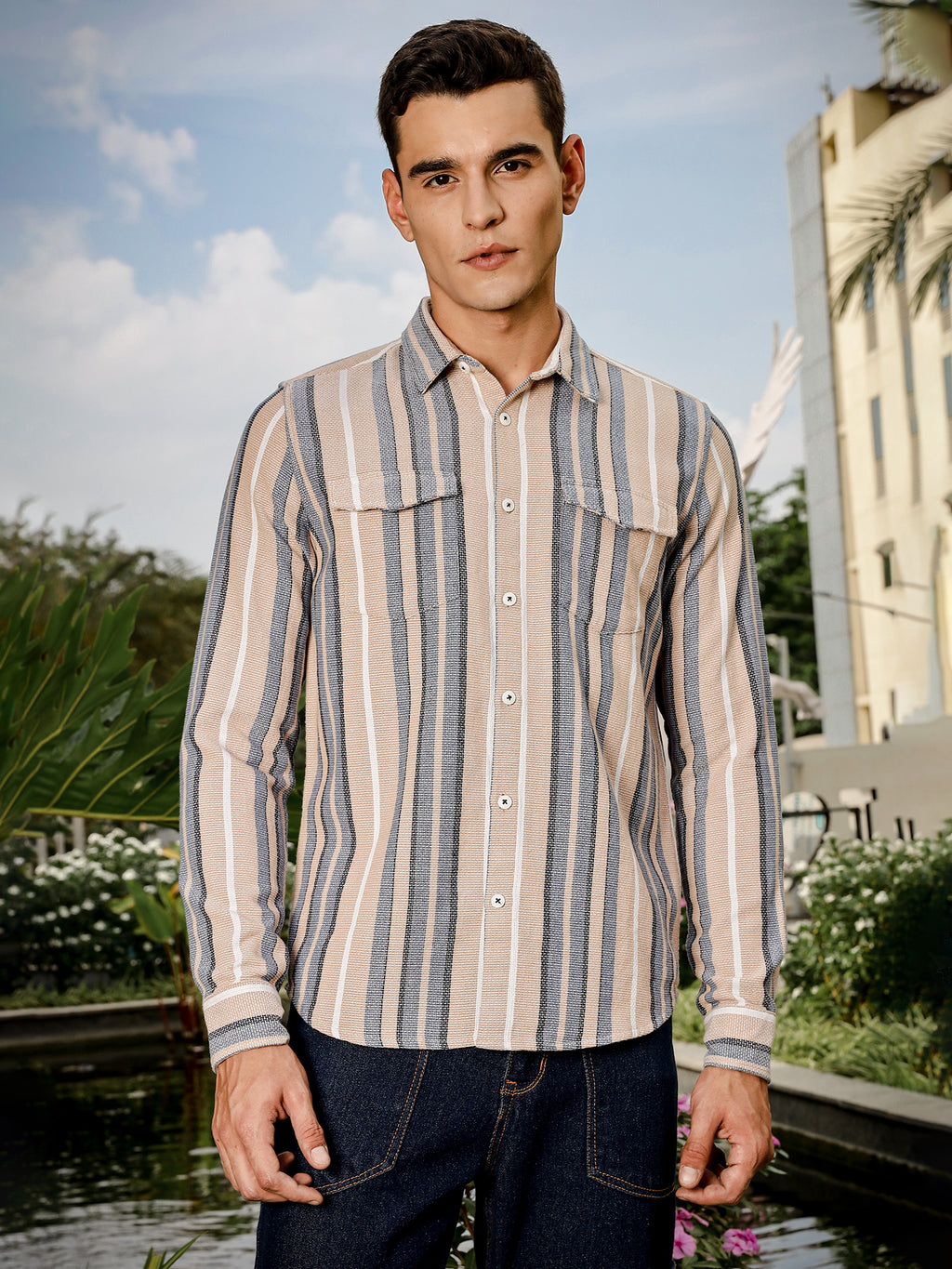 Thomas Scott Men Beige Slim Fit Long Sleeve Multi Stripes Cotton Casual Shirt