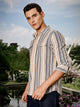Thomas Scott Men Beige Slim Fit Long Sleeve Multi Stripes Cotton Casual Shirt