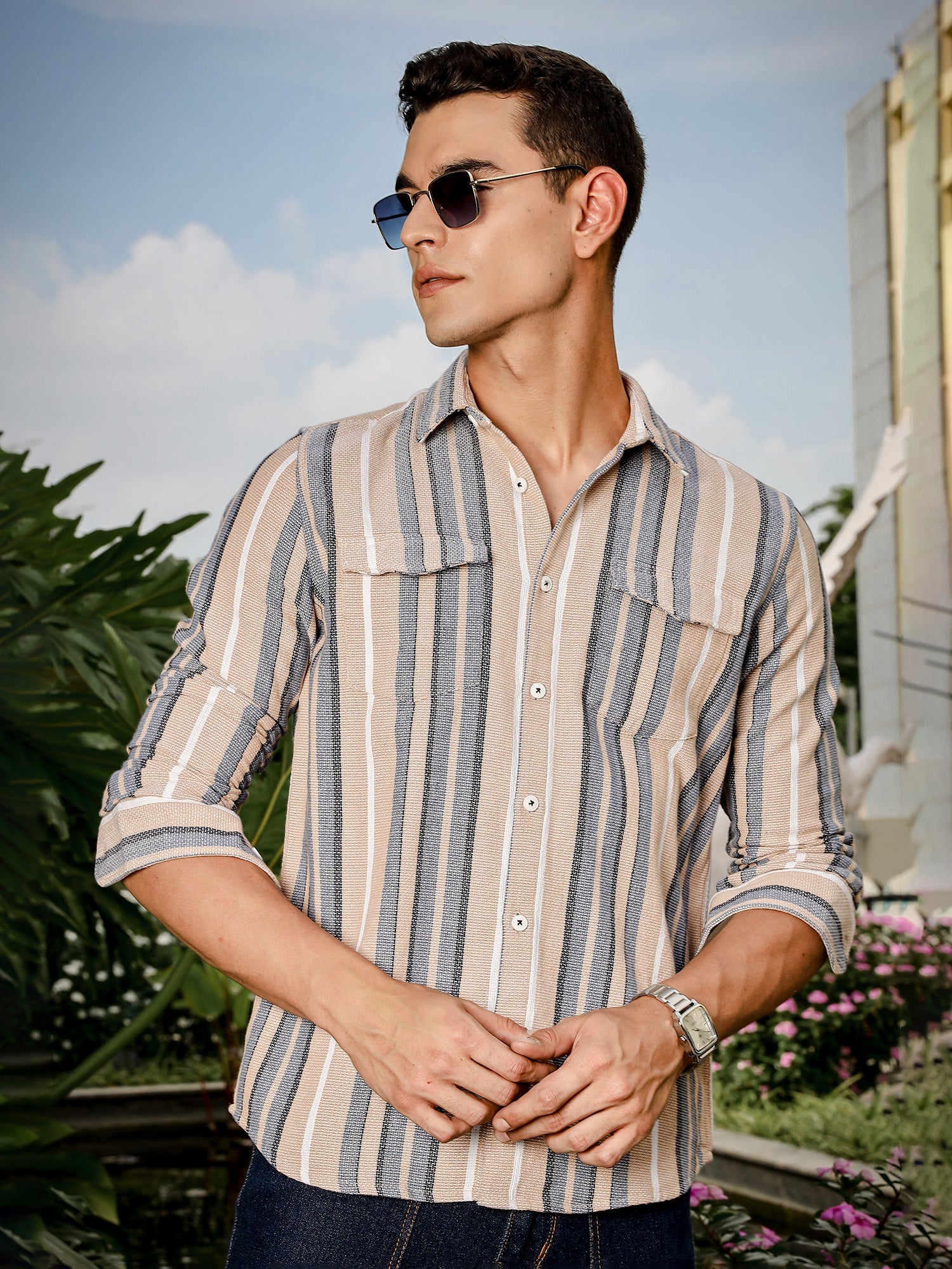 Thomas Scott Men Beige Slim Fit Long Sleeve Multi Stripes Cotton Casual Shirt