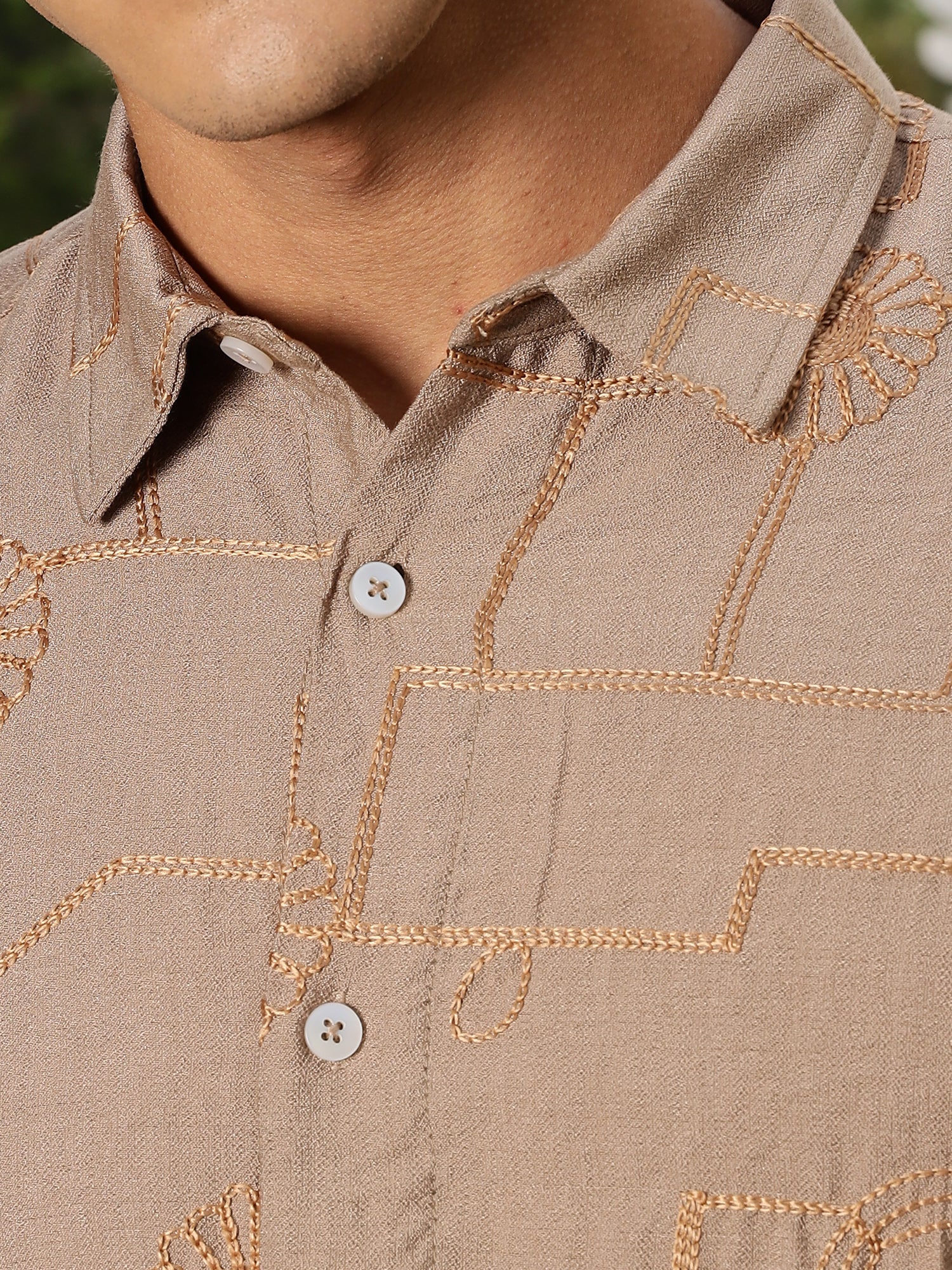 Thomas Scott Men Beige Regular Fit Long Sleeves Cutaway Collar Embroidered Shirt