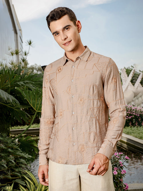 Thomas Scott Men Beige Regular Fit Long Sleeves Cutaway Collar Embroidered Shirt