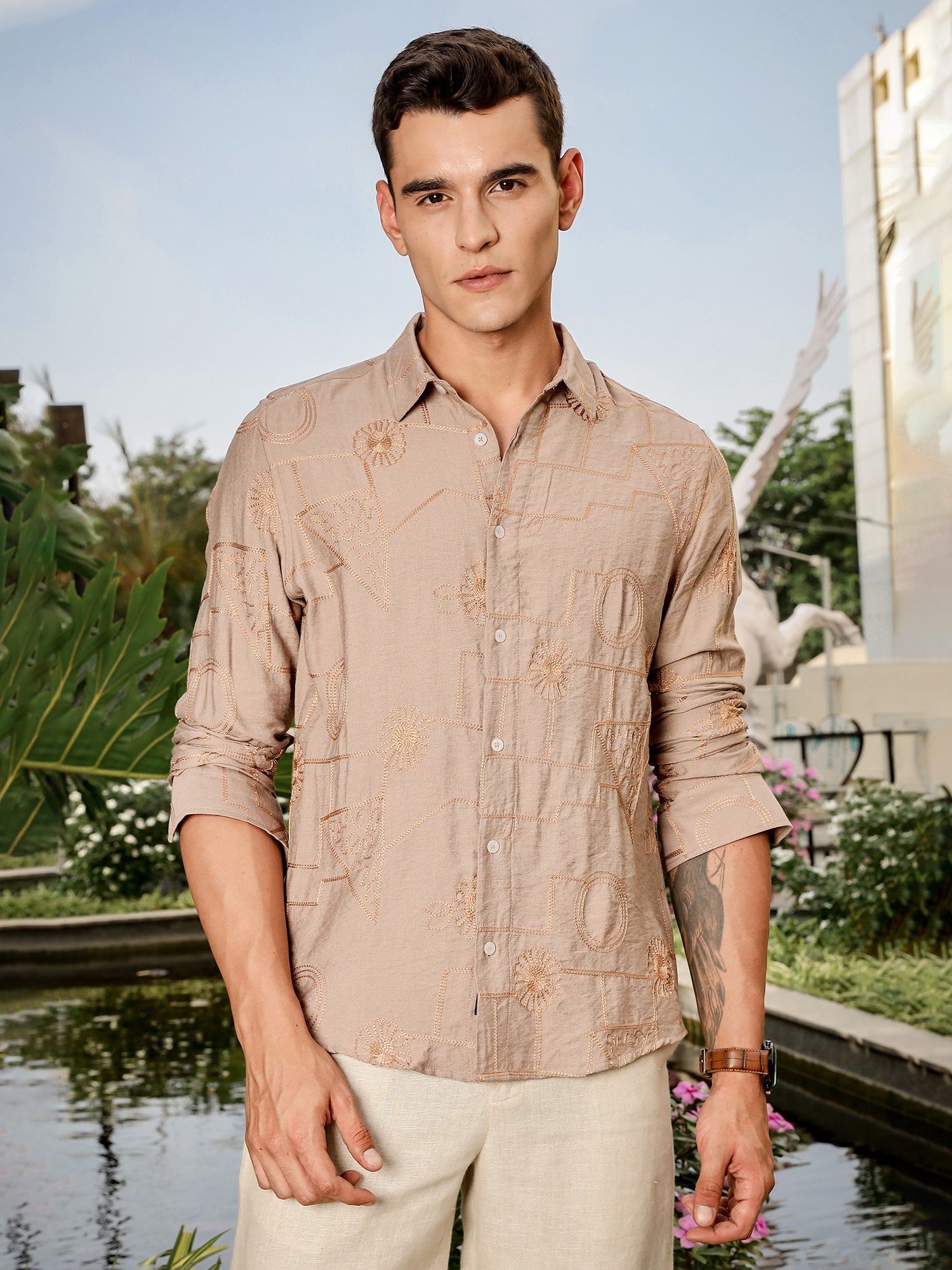 Thomas Scott Men Beige Regular Fit Long Sleeves Cutaway Collar Embroidered Shirt