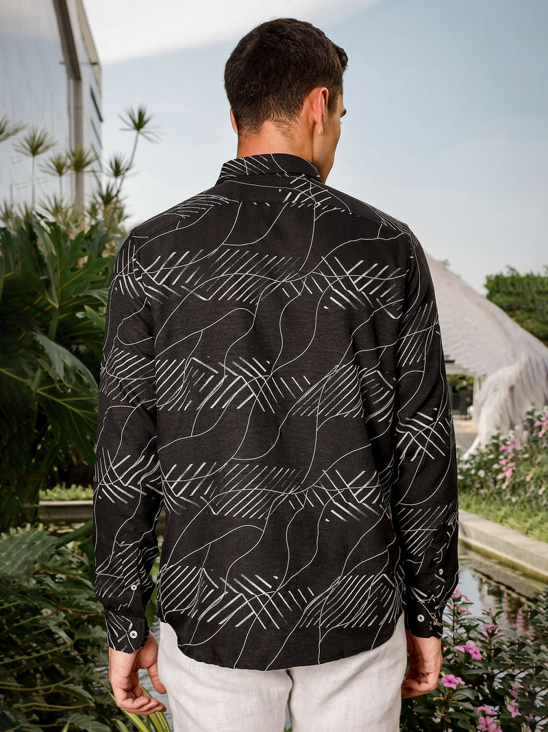 Thomas Scott Men Black Slim Fit Long Sleeve Abstract Print Casual Shirt
