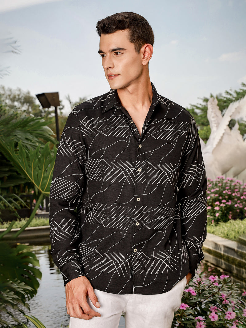 Thomas Scott Men Black Slim Fit Long Sleeve Abstract Print Casual Shirt