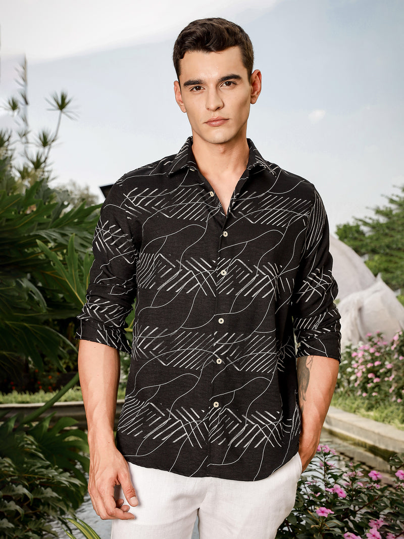 Thomas Scott Men Black Slim Fit Long Sleeve Abstract Print Casual Shirt