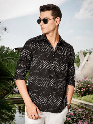 Thomas Scott Men Black Slim Fit Long Sleeve Abstract Print Casual Shirt