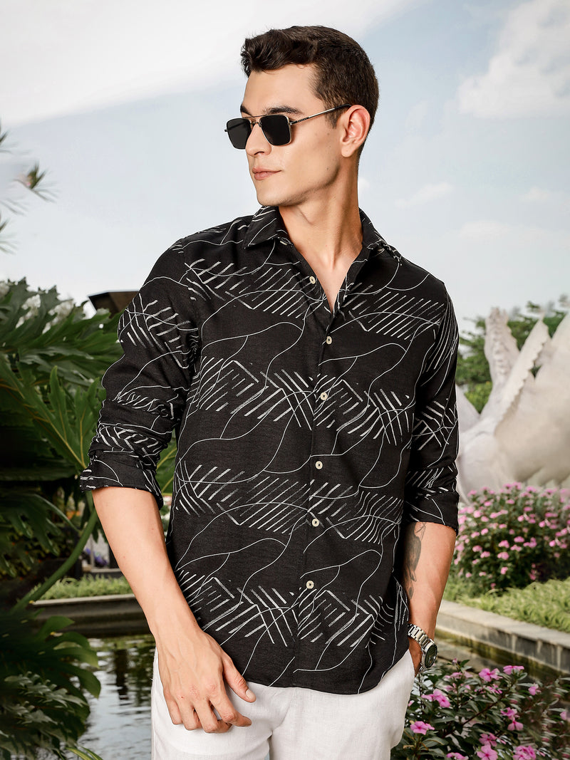Thomas Scott Men Black Slim Fit Long Sleeve Abstract Print Casual Shirt